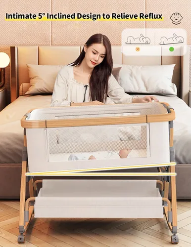 Vista 7 de bonbay Moisés de bebé, moisés de noche para bebé, 4 en 1, moisés portátil con ruedas, mosquitero y cesta de almacenamiento, cuna mecedora ajustable