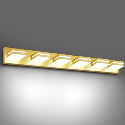 Vista 12 de Modernas luces LED pequeñas de baño, 3 luces, iluminación de pared acrílica dorada de metal, luces de tocador para baño sobre espejo de 6000 K de 16
