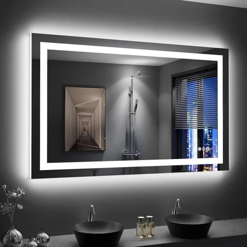 Vista 64 de LOAAO Espejo de baño LED RGB de 60 x 28 pulgadas con luces, grande, antiniebla, espejo de tocador de baño iluminado regulable, múltiples modos
