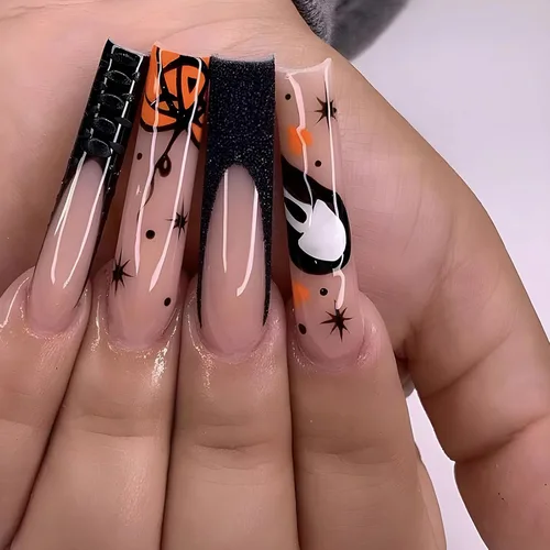 Vista 16 de MISUD Uñas postizas largas con diseño de ataúd con oro negro, diseño acrílico de copo de nieve con purpurina, 24 piezas