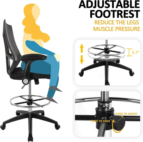 Vista 5 de HYLONE Drafting Chair, Tall Office Chair, High Back Standing Desk Chair Mesh Drafting Stool with Adjustable Foot Ring and Flip-Up Arms(Black)