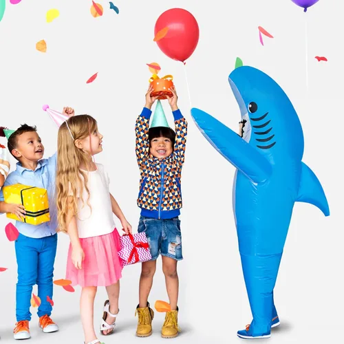 Vista 6 de Stegosaurus Disfraz inflable de tiburón para niños, disfraz inflable de tiburón de Halloween divertido para niños y niñas