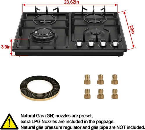 Vista 3 de FVBADE Placa de cocina de gas de 24 pulgadas con 4 quemadores, estufa de gas integrada de acero inoxidable con conversión NG/LPG de combustible dual