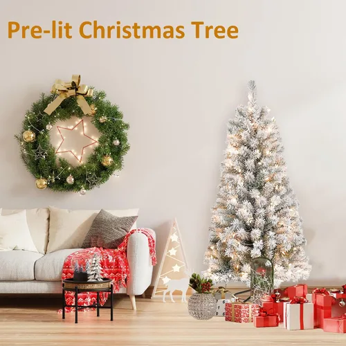 Vista 4 de Árbol de Navidad artificial de lápiz flocado con luces de 7.5 pies, árbol de Navidad preiluminado artificial con 350 luces transparentes, árboles