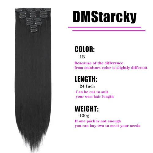 Vista 2 de Extensiones de cabello lacio con clip, de 24 pulgadas, 7 piezas, resistentes al calor, de fibra sintética de cabeza completa, con clip, para mujeres