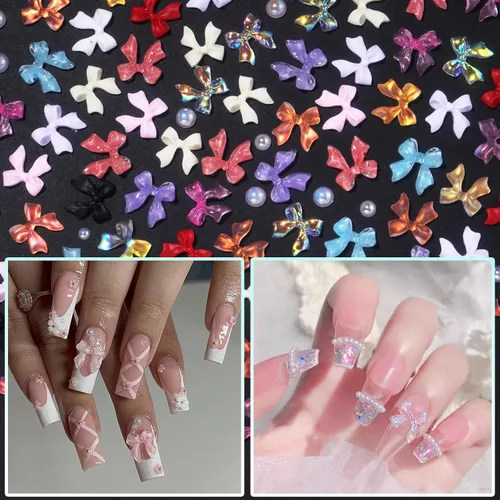 Vista 5 de Lazos variados de colores mixtos, dijes de uñas 3D, lazos surtidos para uñas, mezcla de perlas blancas planas para manicura, manualidades