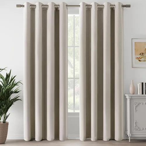 Vista 41 de Cortinas de Lino Beige con Bloqueo Total de Luz de 64 Pulgadas de Largo, Lino Sintético Texturizado con Bloqueo de Calor y Aislamiento Térmico