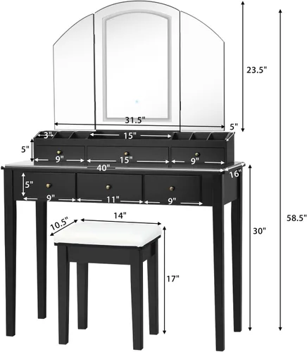 Vista 6 de CHARMAID Juego de tocador grande con espejo iluminado de tres pliegues, 3 modos de iluminación de color, 6 cajones, 12 compartimentos