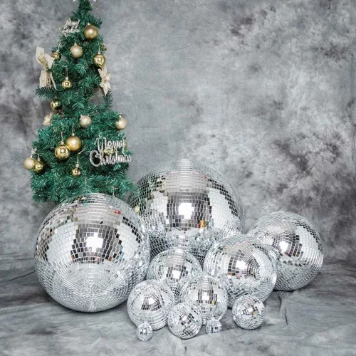 Vista 2 de Bola grande de espejo de discoteca colgante de cristal plateado de 20 pulgadas para boda, cumpleaños, decoración del hogar, adornos de Navidad