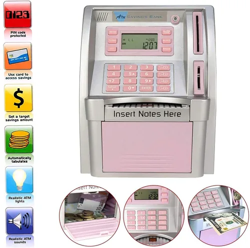 Vista 2 de Caja de ahorros rosa para cajeros automáticos, mini cajero automático para niños por dinero real, cajero automático para niños y niñas, cumpleaños