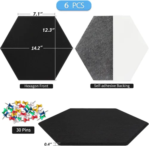 Vista 2 de BXI Tablón de anuncios de fieltro hexagonal, 14.2 x 12.3 x 3/8 pulgadas, 6 piezas autoadhesivas de corcho para póster, 30 pasadores, azulejos