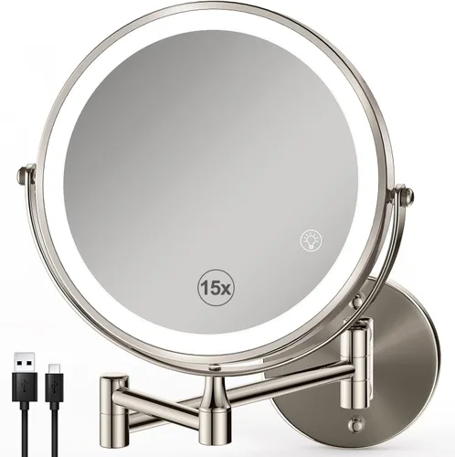 Vista 13 de GREENFROM Espejo de aumento con luces 1x/15x recargable: espejo de maquillaje iluminado montado en la pared de 21,6 centímetros para el baño