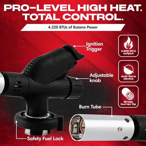 Vista 3 de Combo de Encendedor de Antorcha de Butano con 4 x 8 oz. de Combustible de Butano de Chef Master, Antorcha de Cocina Recargable para Brulee, Postres