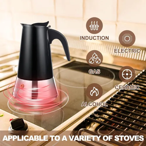 Vista 5 de Estufa de 2 tazas de acero inoxidable, cafetera italiana, capacidad para café moca, cocina clásica de inducción para el hogar y campamento, 3.3