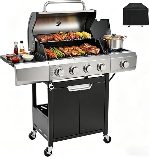 Vista 15 de EUHOME Parrilla de gas de 3 quemadores de acero inoxidable, parrilla de barbacoa al aire libre de 25650 BTU con mesa auxiliar, área de cocción