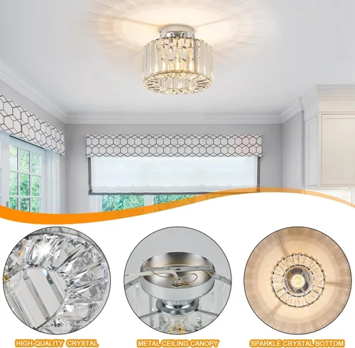 Vista 2 de BUXVRCS Candelabro de cristal plateado - Moderna lámpara de techo semiempotrada para cocina, dormitorio, sala de estar y más (plateado)
