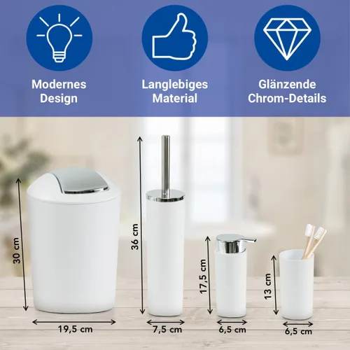 Vista 2 de WENKO Accesorios de baño blancos, juego de 4 piezas, vaso de cepillo de dientes, basura, dispensador de jabón, soporte para cepillo de inodoro