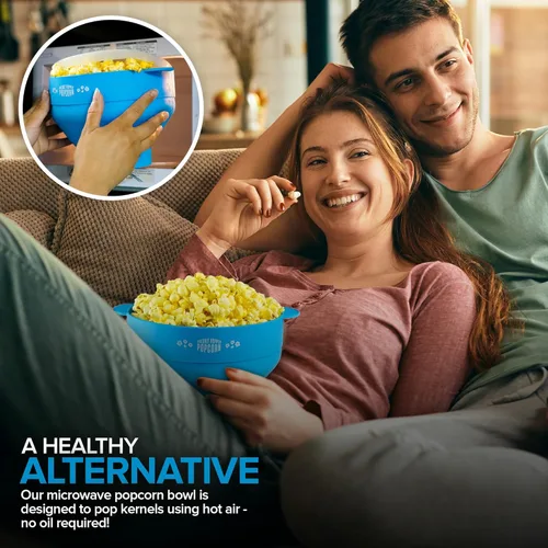 Vista 5 de Palomitas de maíz de silicona para microondas (azul) para hacer palomitas de maíz, no requiere aceite, cuenco plegable con tapa, reutilizable, sin