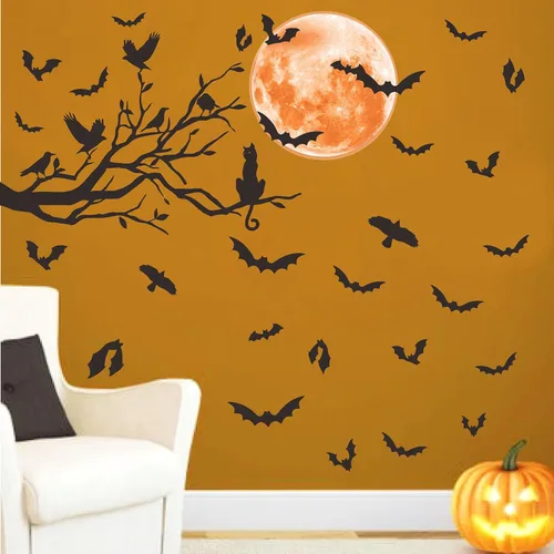Vista 8 de Halloween Moon Wall Sticker Black Bat Wall Stickers Vinyl Crow Bird Tree Branch Wall Decals Removable Halloween Moon Bat Wall Decals Bats Window