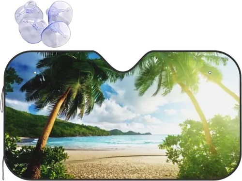 Vista 22 de Parasol de parabrisas con palmera de playa Hawaii tropical costa de verano amanecer, protector frontal plegable, visera solar para automóvil que