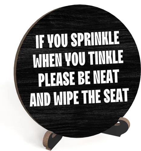 Letrero rústico y divertido de baño con soporte, texto en inglés «Please Be Neat And Wipe The Seat», letrero con cita para inodoro de granja para
