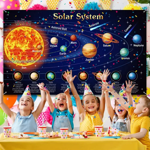 Vista 6 de Blulu Solar System Poster Large Space Birthday Party Decorations Fabric Galaxy Tapestry Planet Backdrop Space Room Wall Decor Educational Supplies