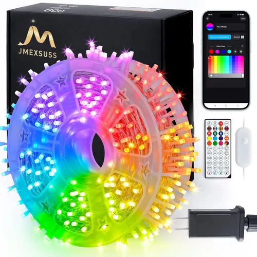 Vista 26 de JMEXSUSS Guirnalda de 600 luces LED que cambian de color enchufable, luces de Navidad blancas cálidas y multicolor de 168 pies con control remoto