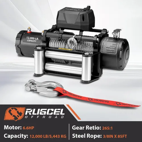 Vista 2 de RUGCEL WINCH Cabrestante eléctrico impermeable para camión de 12000 libras, cabrestante de cuerda de acero de 12V con guía de rodillos, mango