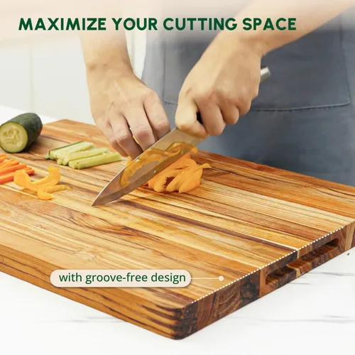 Vista 3 de BEEFURNI Tabla de cortar de madera de teca con agarre de mano (M, 20 x 15 x 1.25 pulgadas), tablas de cortar grandes de madera para cocina, tabla