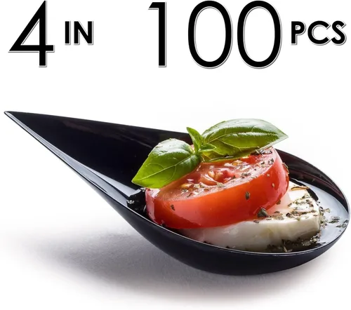 Vista 7 de DLux 100 platos mini de aperitivo en forma de gota de 4 pulgadas, cucharas reutilizables de plástico negro - Platos para servir postres y aperitivos