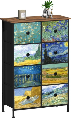Vista 11 de EXOTICA - Cómoda grande con 15 cajones, cómoda alta de tela Van Gogh para dormitorio, sala de estar, entrada, armario con marco de metal resistente