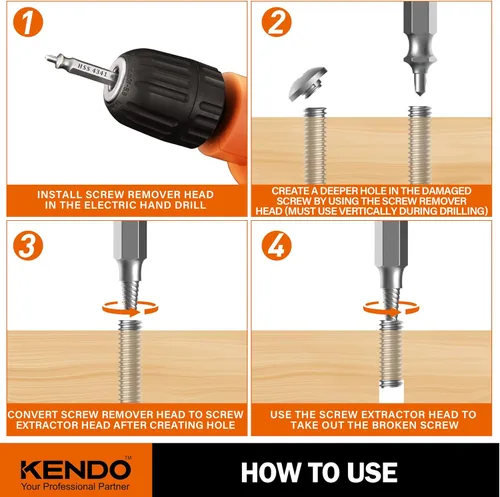 Vista 3 de KENDO - Juego de extractores de tornillos dañados - Removedor para tornillos, tuercas y pernos pelados, herramientas de brocas para una fácil