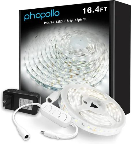PHOPOLLO Tira de luces LED blancas de 16.4 pies, tira de luces LED regulable de 6500K de luz blanca diurna, 300 LED, luces LED flexibles para