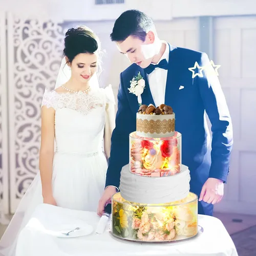 Vista 2 de 2 soportes de acrílico transparente para tartas, caja rellenable para tartas, caja de exhibición con luces LED, elevador cilíndrico redondo, soporte