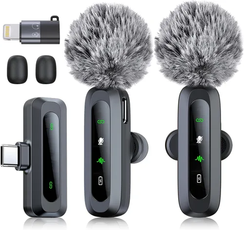 Vista 10 de Micrófono inalámbrico RICCHI para iPhone, iPad y teléfono Android, 2 piezas de micrófonos mini profesionales Plug-Play con clip para vlogging