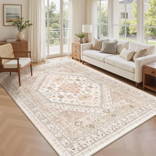 Vista 40 de zesthome Alfombras de área de 5 x 7, lavables a máquina, para sala de estar, dormitorio, resistentes a las manchas, vintage, de gran área, Beige