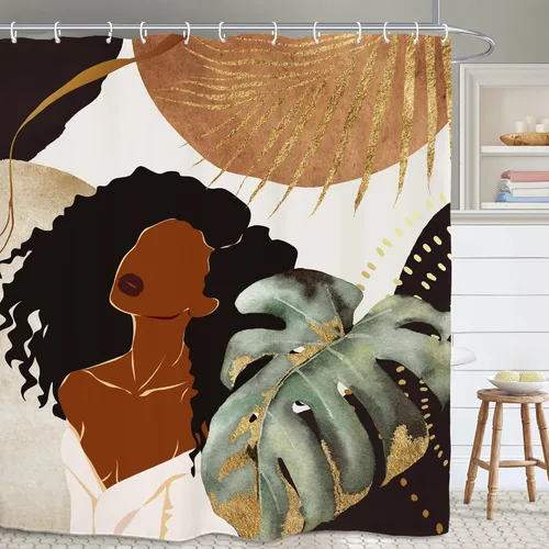 Cortina de Ducha Abstracta Afroamericana para Baño 60 Pulgadas de Ancho por 71 Pulgadas de Alto Monstera Marrón Vintage de Mediados de Siglo Niña