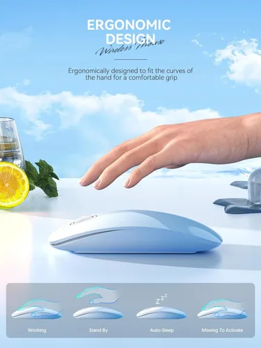 Vista 4 de RAPIQUE Ratón inalámbrico Bluetooth (BT5.1+USB), doble conectividad, clic silencioso, baja potencia y 1600 DPI, mouse inalámbrico portátil para Azul