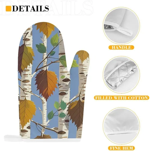 Vista 3 de Birch Leaves Oven Mitts and Pot Holders Set Kitchen Oven Glove Cooking Mitts with Hanging Loop Heat Resistant Potholder Set for Chef Baking Cooking