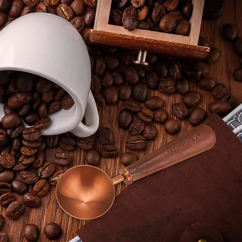 Vista 9 de Easyworkz Cuchara de café retro de acero inoxidable con mango de nogal negro, 0.35 oz - cuchara medidora (oro rosa)