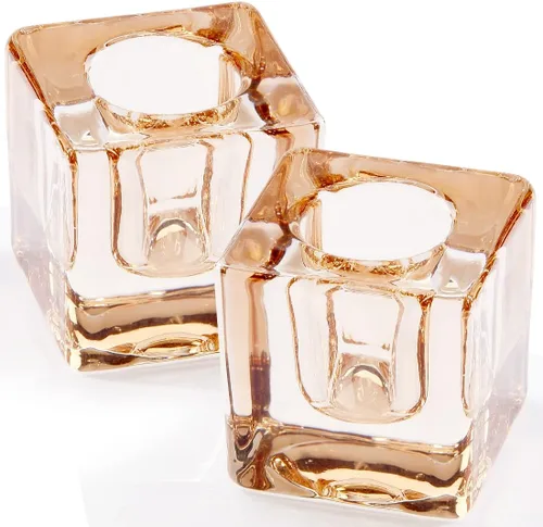 Vista 11 de 2 piezas de portavelas de vidrio cuadrado oscuro marrón para centro de mesa. Juego de portavelas decorativos de cristal. Portavelas para boda, cena