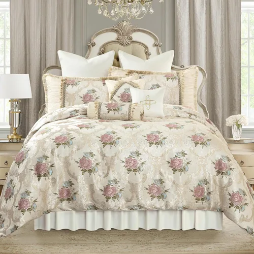 Vista 2 de Loom and Mill Juego de edredón floral europeo de lujo de 9 piezas, juego de ropa de cama romántico de estilo francés jacquard tamaño Queen
