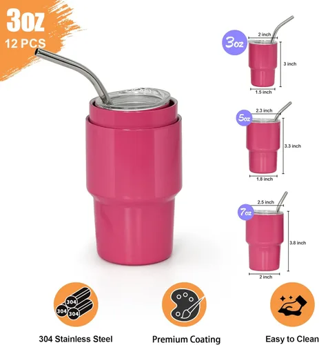 Vista 3 de Mini vaso de chupito de 3 onzas con popote y tapa, 12 vasos de chupito de sublimación, vasos de acero inoxidable en blanco, lindos vasos de chupito