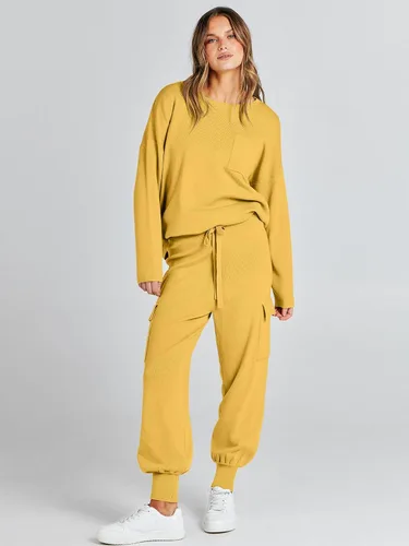 Vista 2 de Caracilia Conjunto de dos piezas para mujer, suéter de punto de manga larga y pantalones deportivos tipo cargo