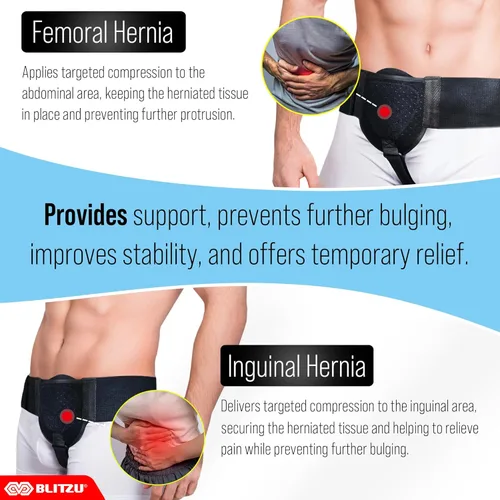 Vista 9 de BLITZU Cinturón de soporte de hernia inguinal para hombres y mujeres, armadura ajustable para hernia del lado izquierdo o derecho con almohadilla