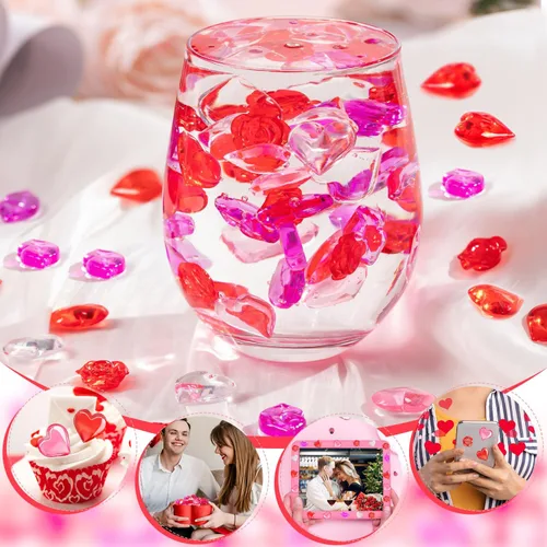 Vista 3 de 260 piezas de relleno de jarrón para el día de San Valentín, mini gemas de rosas acrílicas de corazón rosa rojo para centros de mesa, decoración
