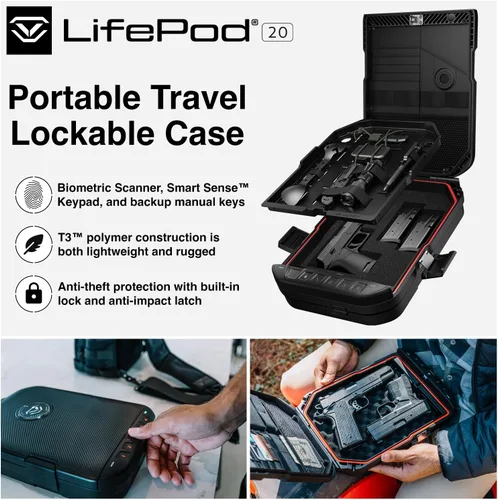 Vista 2 de VAULTEK LifePod 20 Full-Size Biometric Lockable Weatherproof Case with Built-in Lock, Steel Security Cable, & TSA Handgun Case or Car Safe, Portable