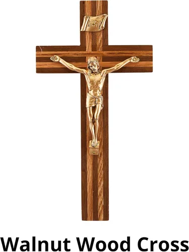 Vista 6 de Crucifijo de pared de madera de nogal con incrustaciones de roble, decoración religiosa del hogar, 8 pulgadas