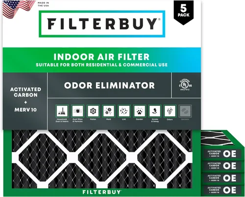 Filterbuy Filtro de aire MERV 8 de 10 x 10 x 1 pulgadas, defensa de olores y alergias con carbón activado (paquete de 5), filtros electrostáticos