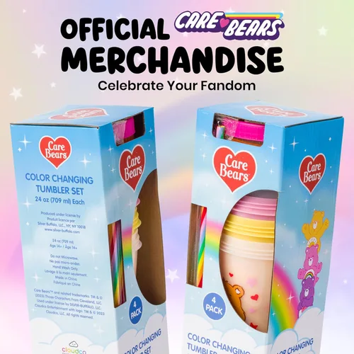 Vista 6 de Silver Buffalo Care Bears Corazones y Estrellas Juego de 4 Vasos de Plástico Cambian de Color con Popotes de Espiral Arcoíris con Tenderheart
